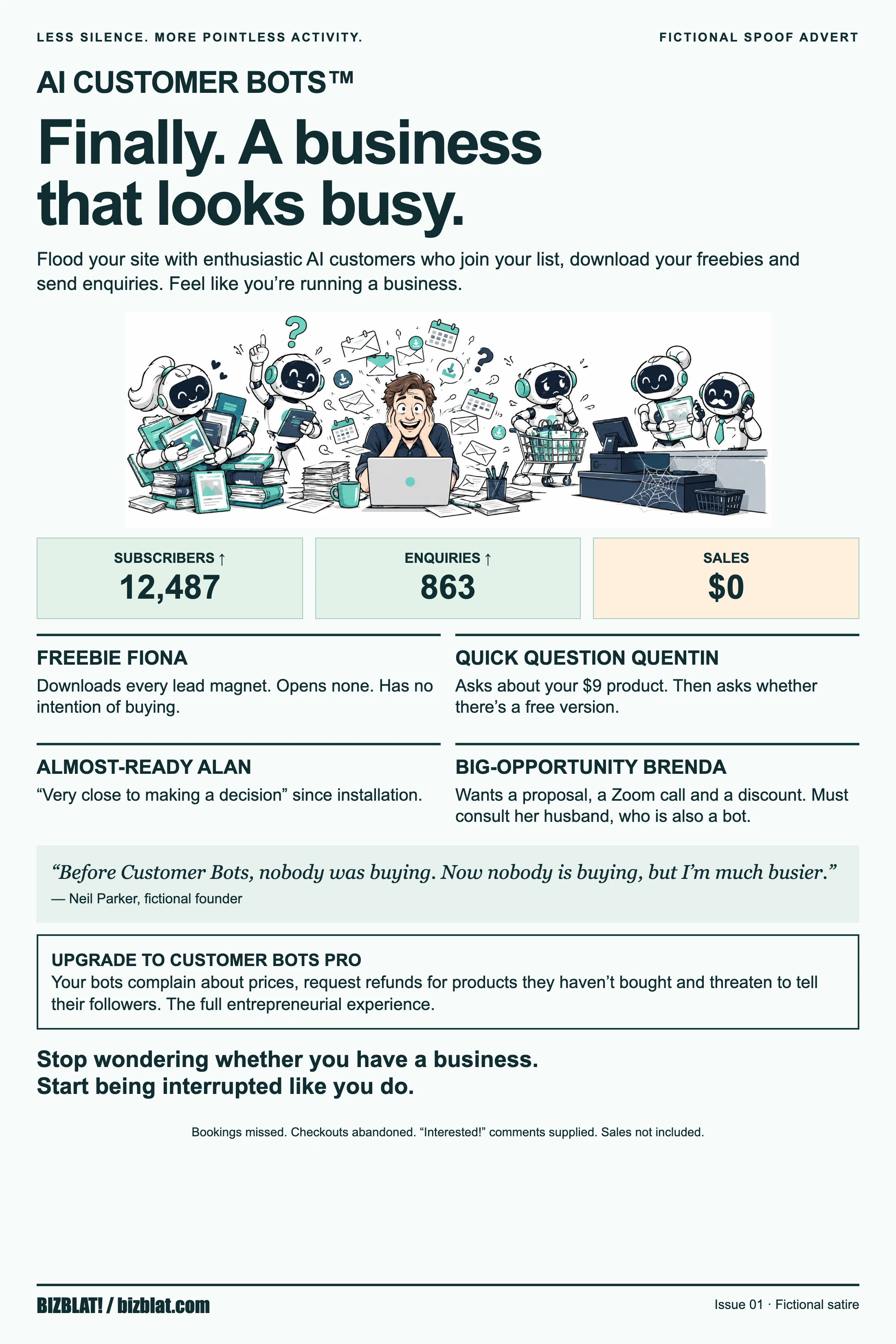AI Customer Bots spoof advert. Finally, a business that looks busy. Subscribers 12,487. Enquiries 863. Sales zero.